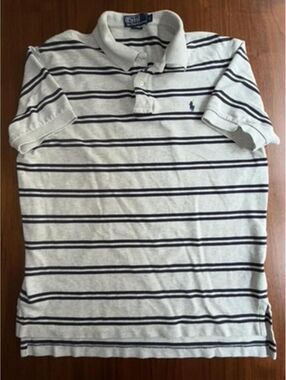 Polo by Ralph Lauren Men's Grey & Navy Striped Polo Shirt - Size Large